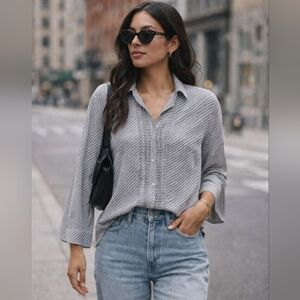 Grace Dane Lewis | Striped Silk Button-Up Shirt, Size 14 (Made Small)